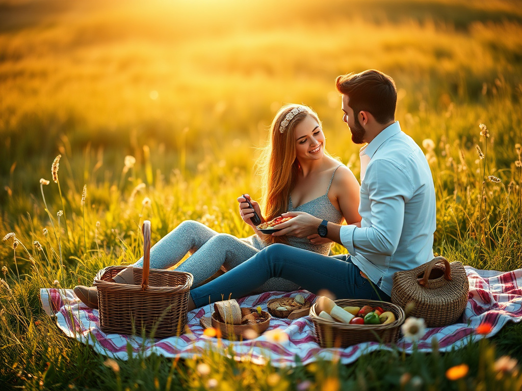 Couple romantique partageant un pique-nique fait maison pour une surprise d'anniversaire de couple