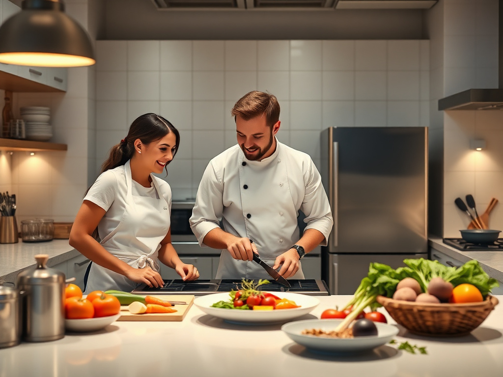 A professional kitchen with a couple and a chef in white aprons, laughing while preparing a gourmet dish, fresh ingredients on the counter, warm studio lighting, 8k photorealistic, 16:9
