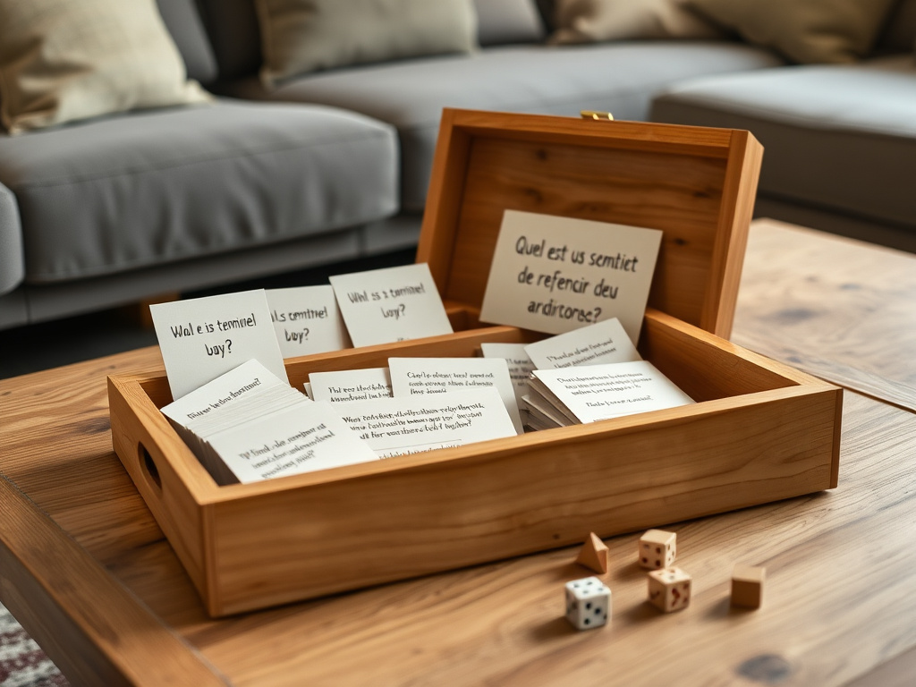 A custom board game box opened on a coffee table, revealing cards with handwritten questions like 'Quel est notre meilleur souvenir de randonnée?', dice and wooden tokens, cozy living room, 8k, 16:9