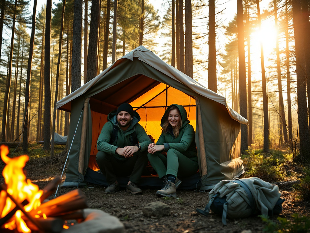 A couple in outdoor gear building a small shelter in a sunlit forest, smiling, with a campfire nearby, natural lighting, 8k photorealistic, 16:9