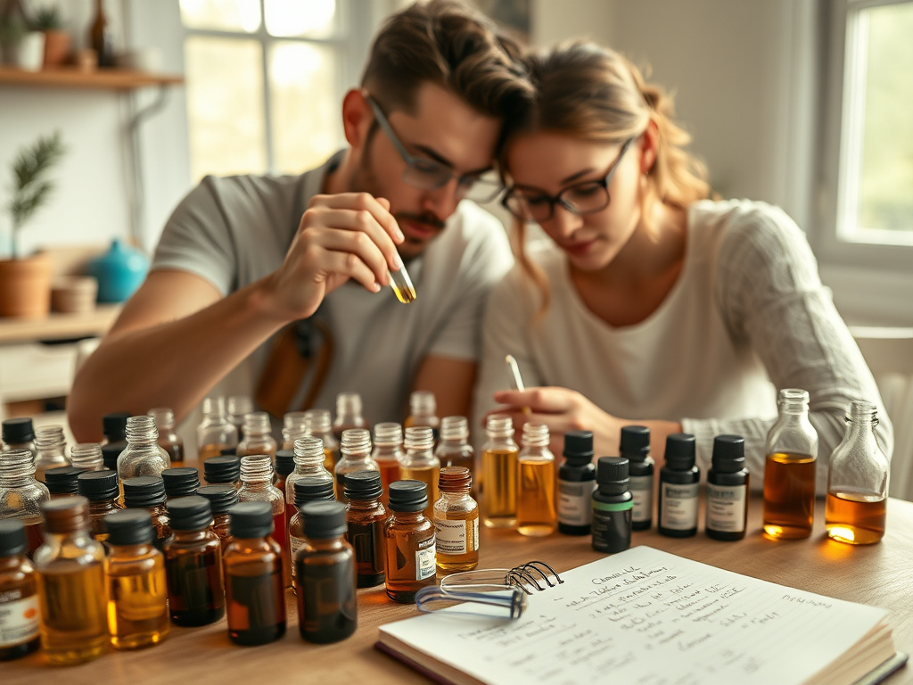A couple sitting at a table with dozens of small glass vials of essential oils, sniffing and mixing, a notebook with handwritten formulas, soft morning light, 8k, 16:9