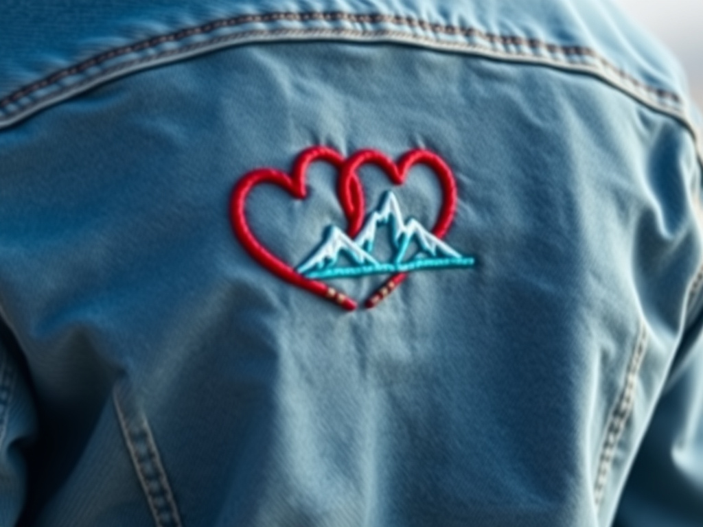 A close-up of a denim jacket with custom embroidery on the back: two overlapping hearts and a mountain silhouette, thread colors matching the fabric, natural daylight, 8k, 16:9