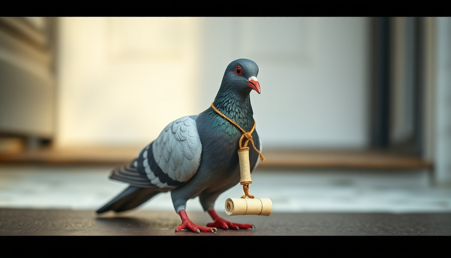 Pigeon en plastique réaliste avec message absurde autour du cou