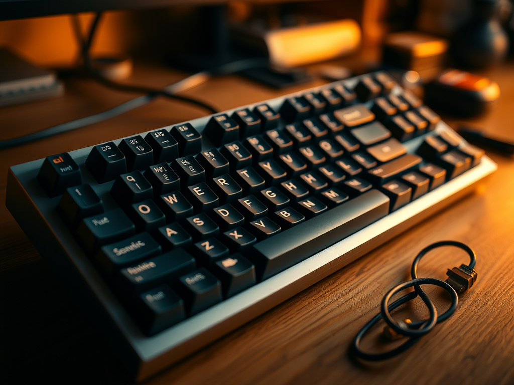 A photorealistic close-up of a mechanical keyboard with retro keycaps and a coiled cable on a wooden desk, warm ambient lighting, shallow depth of field, 8k