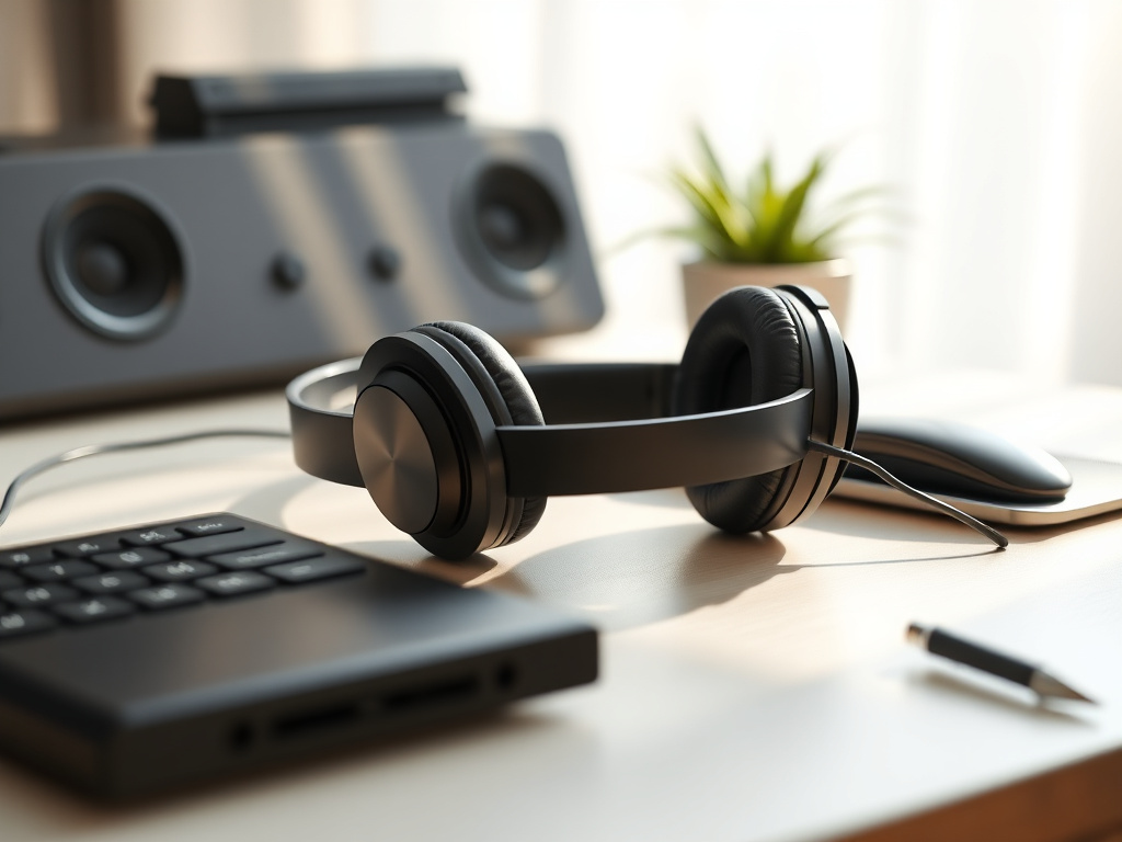 A photorealistic studio shot of premium wireless headphones on a minimalist desk, soft natural light, 8k