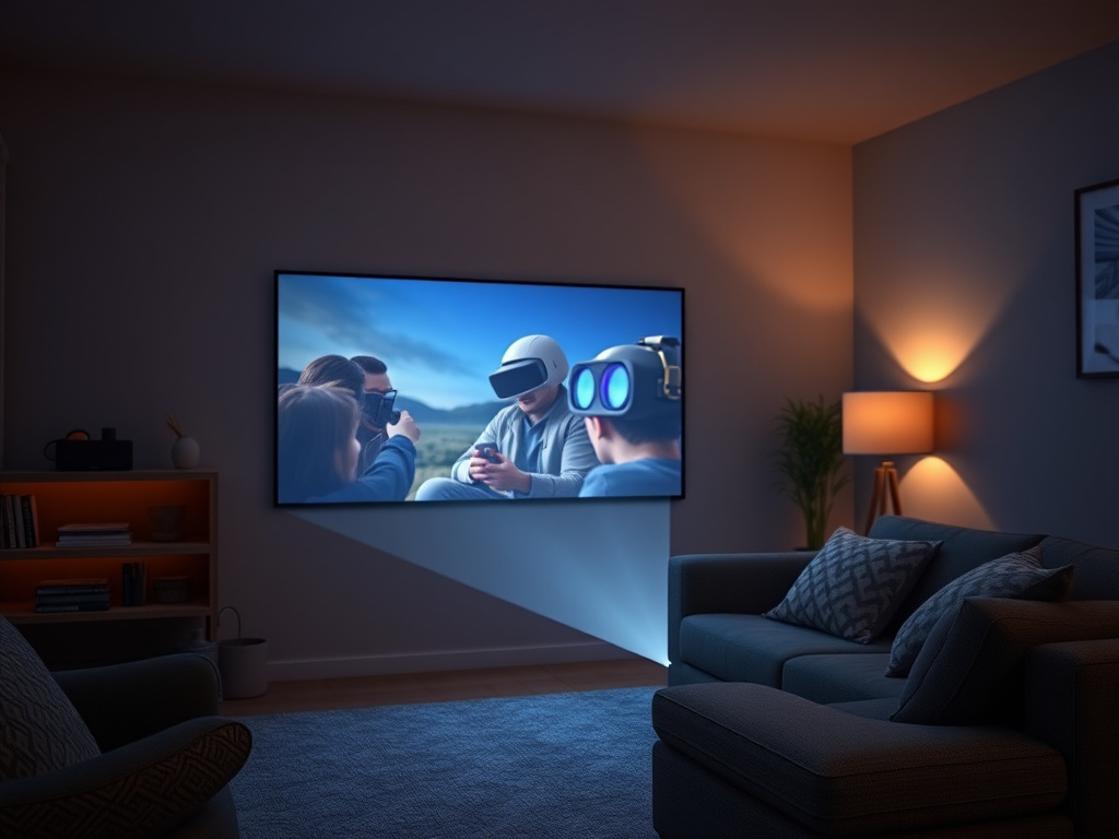 A photorealistic image of a mini projector casting a movie scene on a wall, smartphone connected, cozy living room atmosphere, dim lighting, 8k