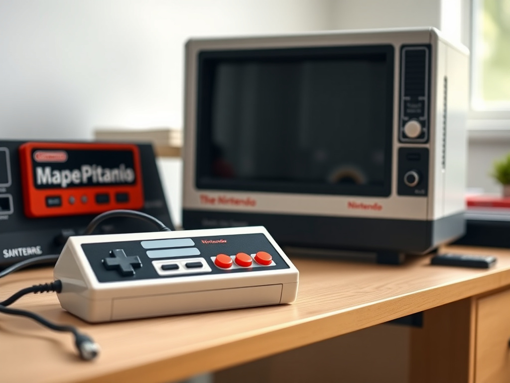 A photorealistic close-up of the Lego Nintendo NES set on a desk, with the TV screen and controller, natural daylight, 8k