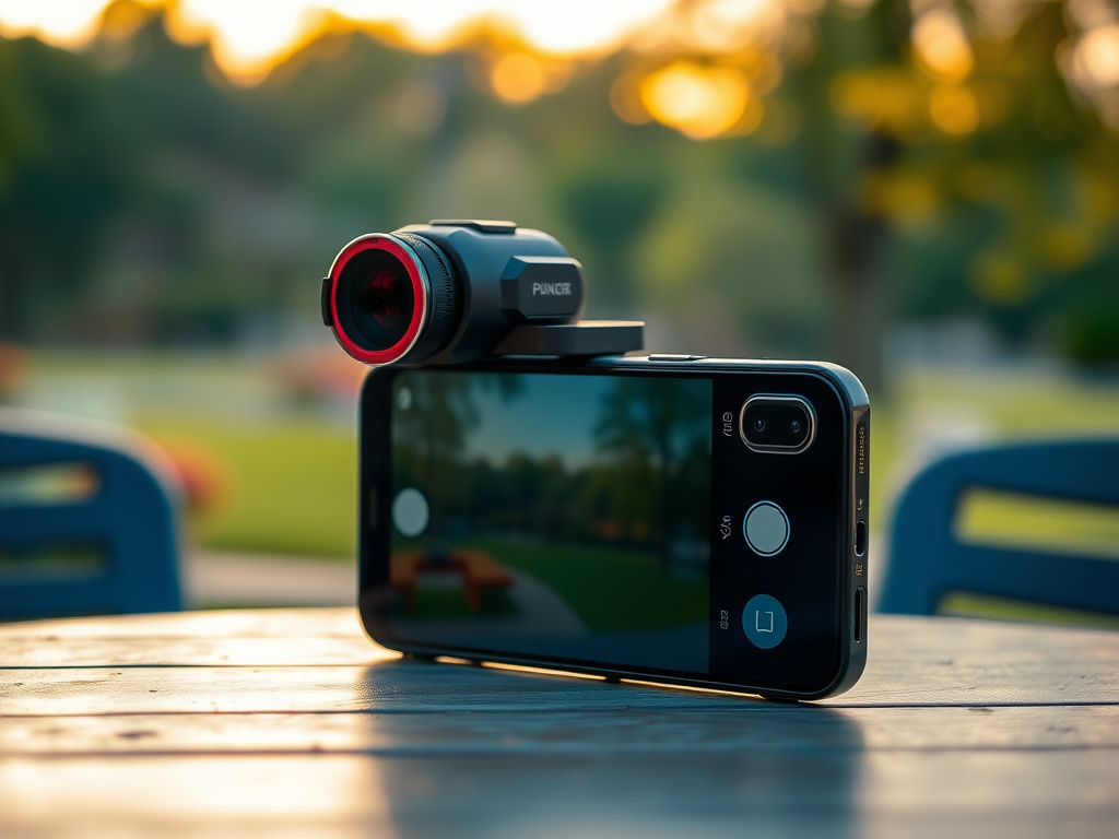 A photorealistic shot of a smartphone with a clip-on lens attached, on a table with a blurred background of a park, golden hour lighting, 8k
