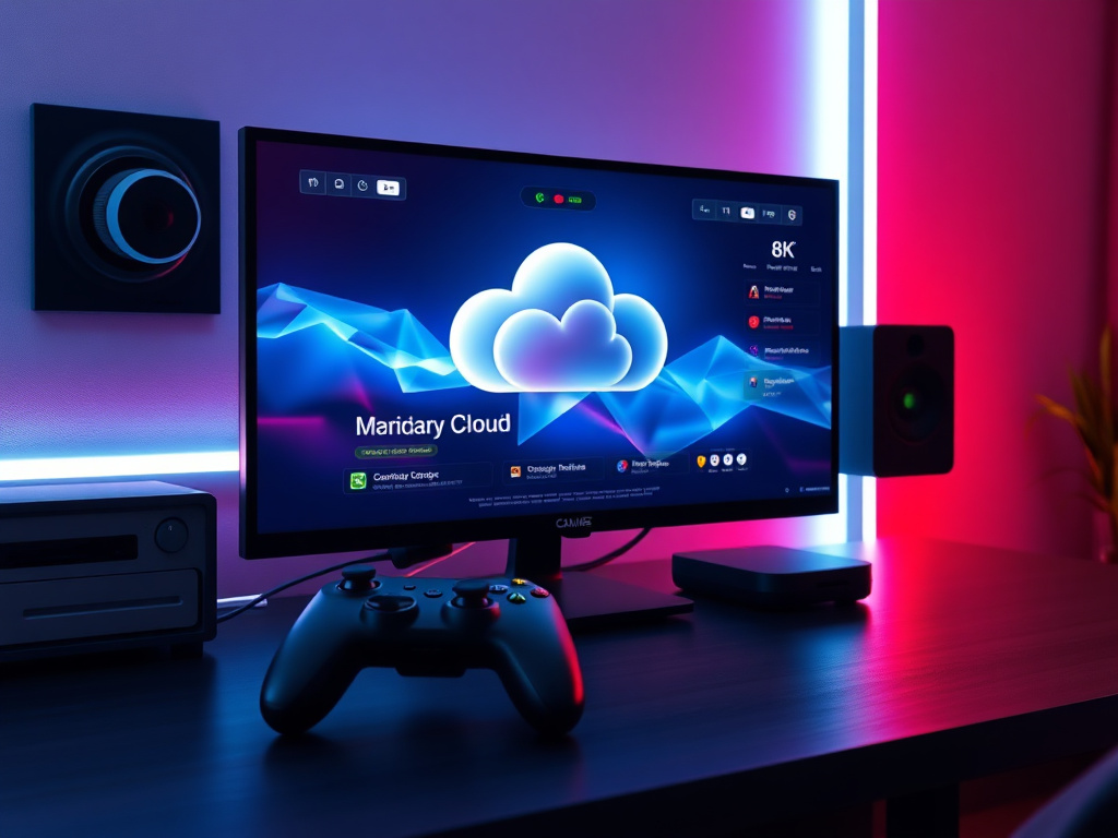 A photorealistic image of a gaming setup with a cloud gaming interface on screen, controller nearby, neon light accents, 8k