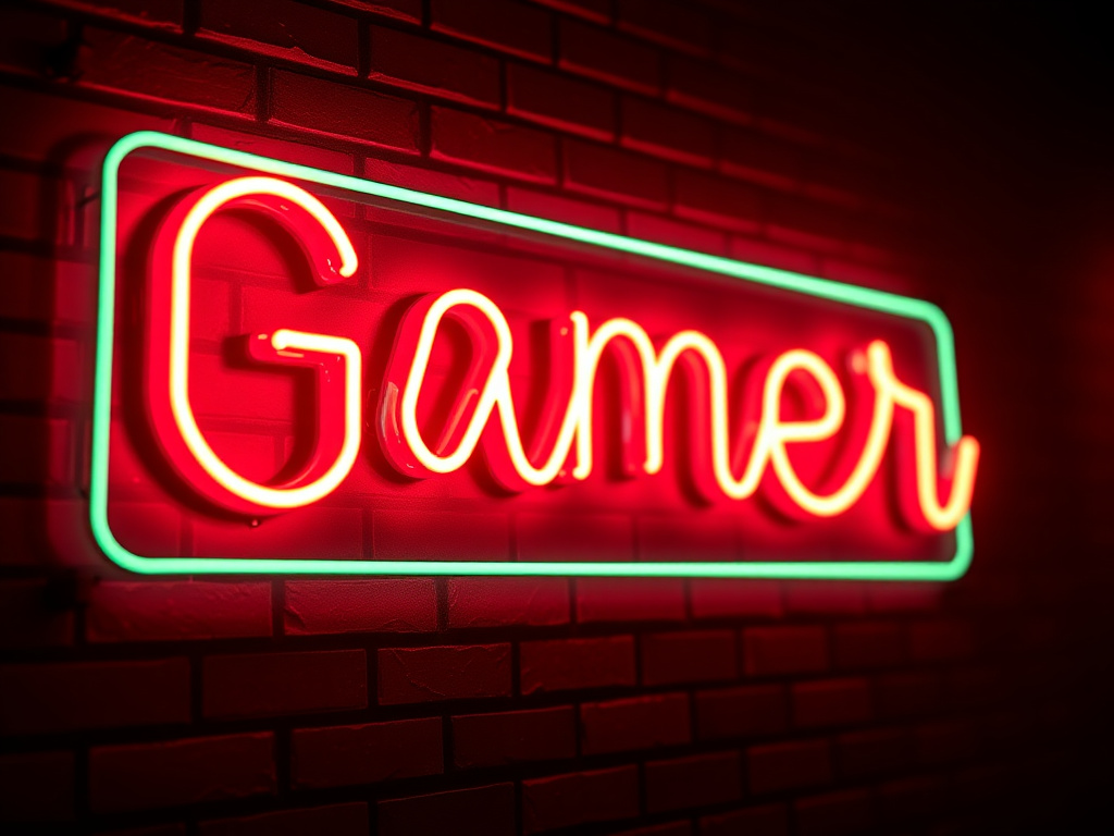 A photorealistic close-up of a custom neon sign (gamer tag) glowing on a brick wall, dark room with ambient light, 8k