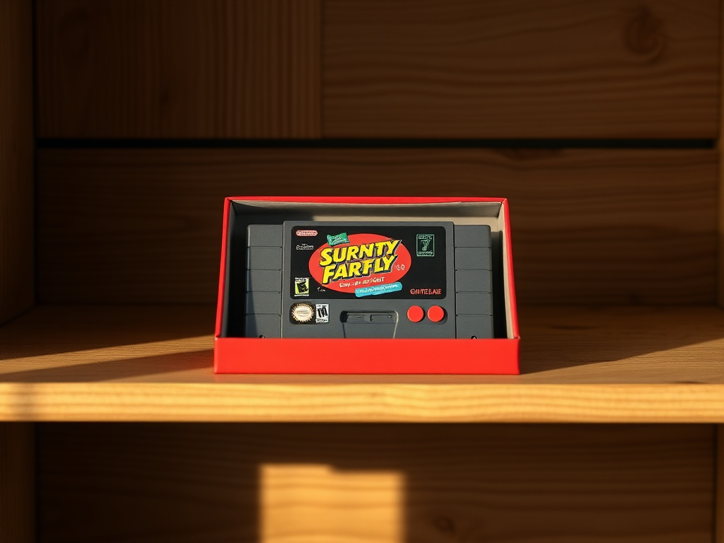 A photorealistic image of a retro game cartridge in its original box, placed on a vintage wooden shelf, soft natural light, 8k