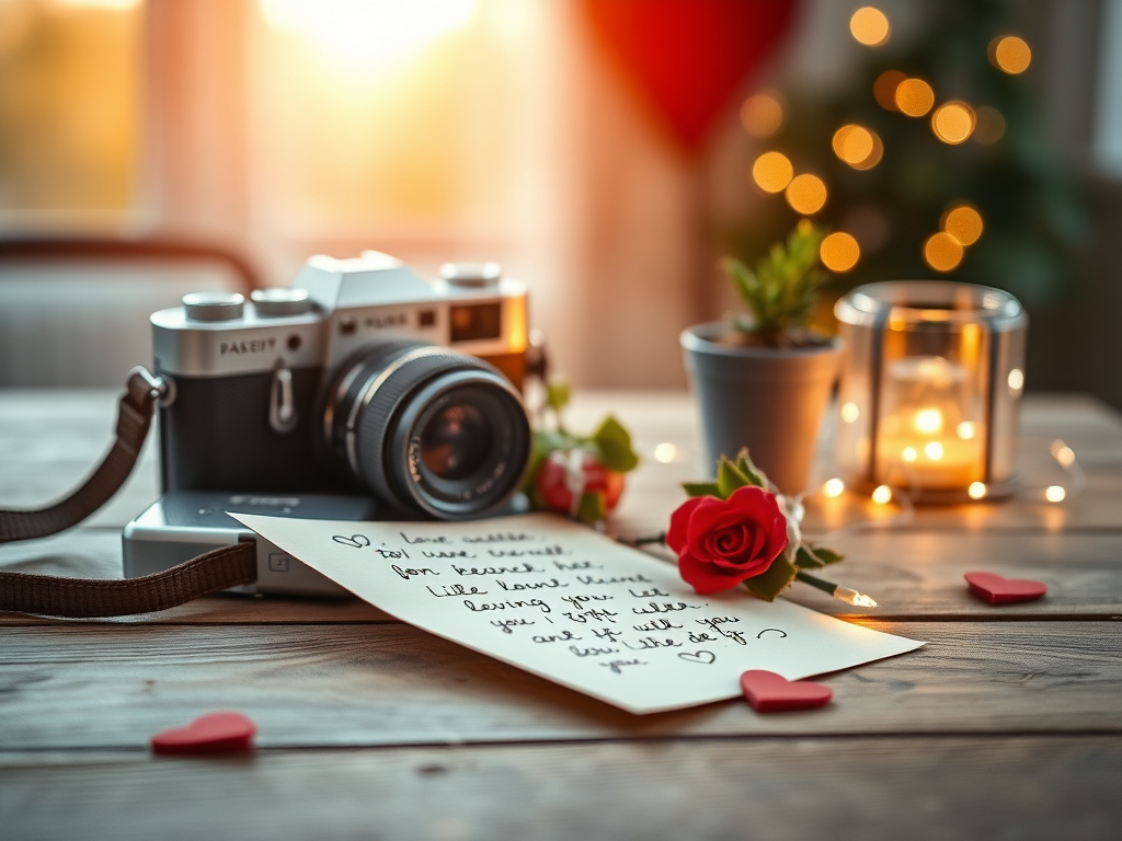 Composition romantique pour la Saint-Valentin avec appareil photo vintage et lumières tamisées