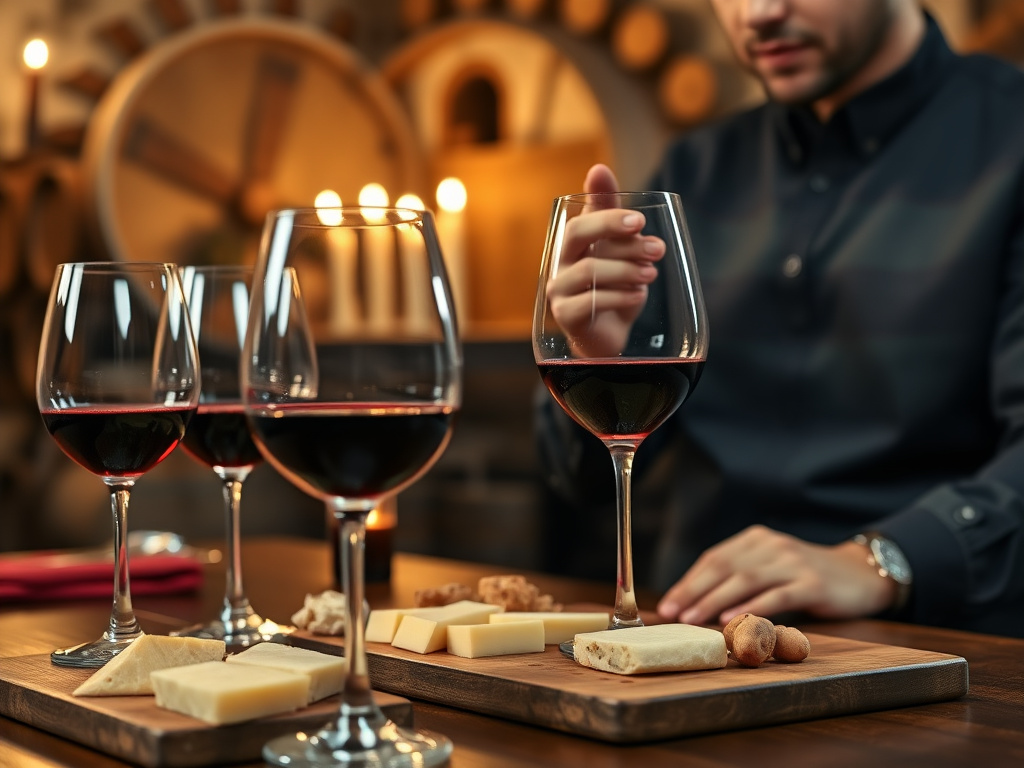 A close-up of a wine tasting table with several glasses of red wine, cheese platter, a sommelier explaining, warm candlelight, rustic cellar background, 8k photorealistic