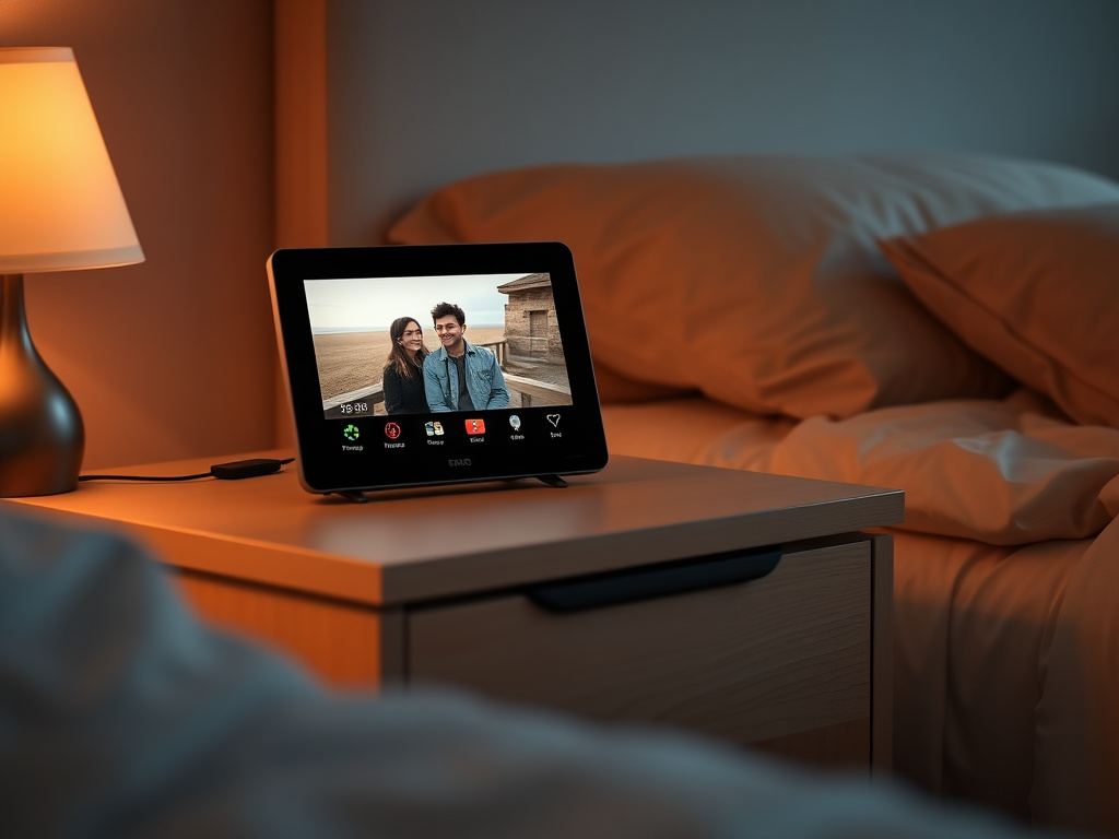 A digital photo frame on a bedside table, displaying a slideshow of couple photos, soft bedroom lighting, cozy atmosphere, 8k