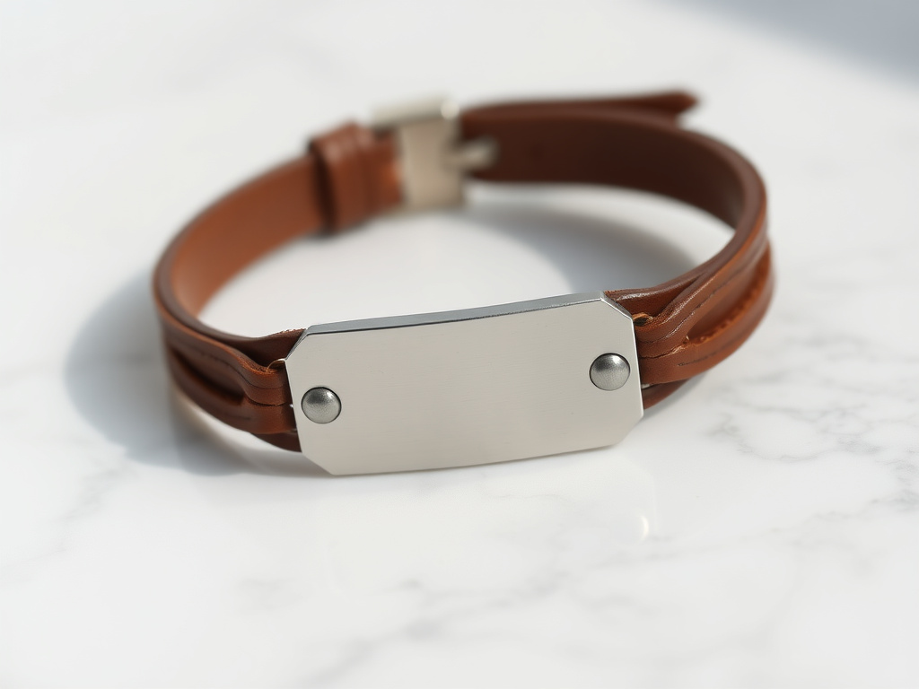 A leather bracelet with a silver engraved plate, placed on a white marble surface, natural daylight, minimalist jewelry photography, 8k