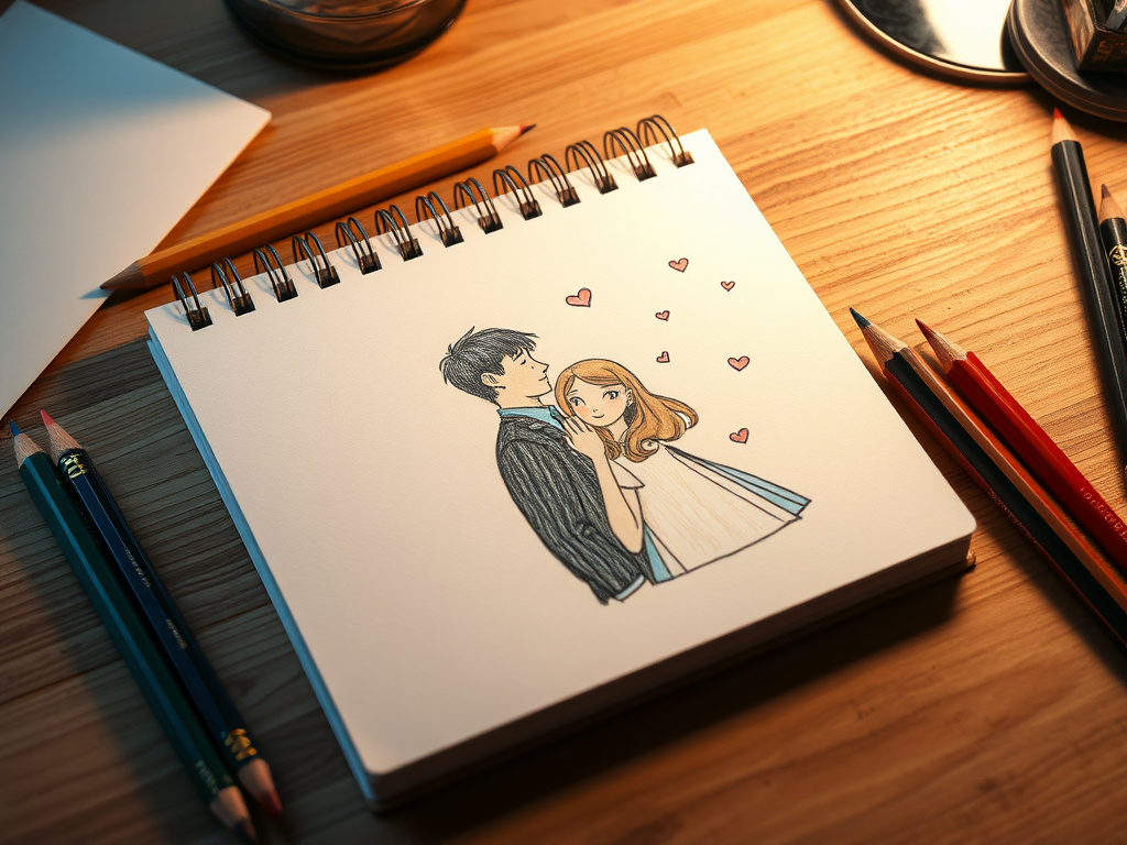A sketchbook with a custom illustration of a couple on the cover, next to colored pencils, on a wooden desk, artistic lighting, 8k