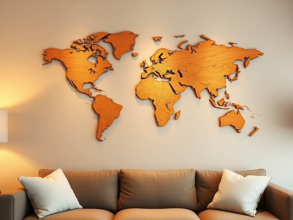 A wooden world map wall art with pins marking travel locations, string connecting some pins, cozy living room wall, soft warm light, 8k