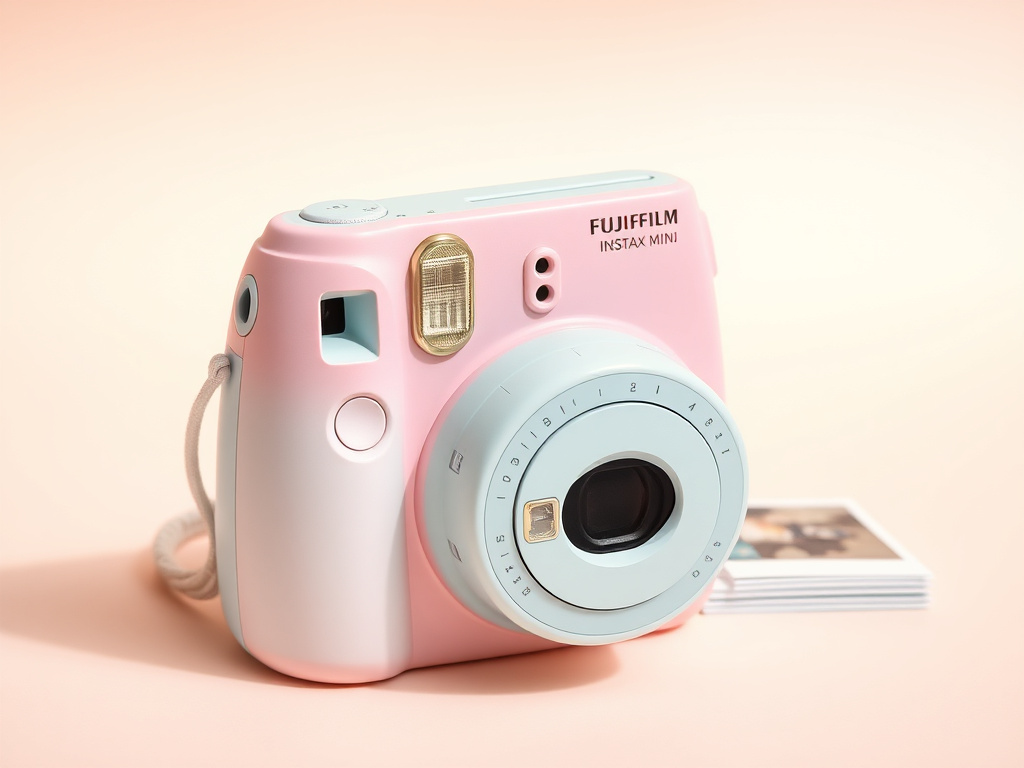 A Fujifilm Instax Mini camera on a pastel background, with a stack of instant photos, colorful, natural daylight, 8k