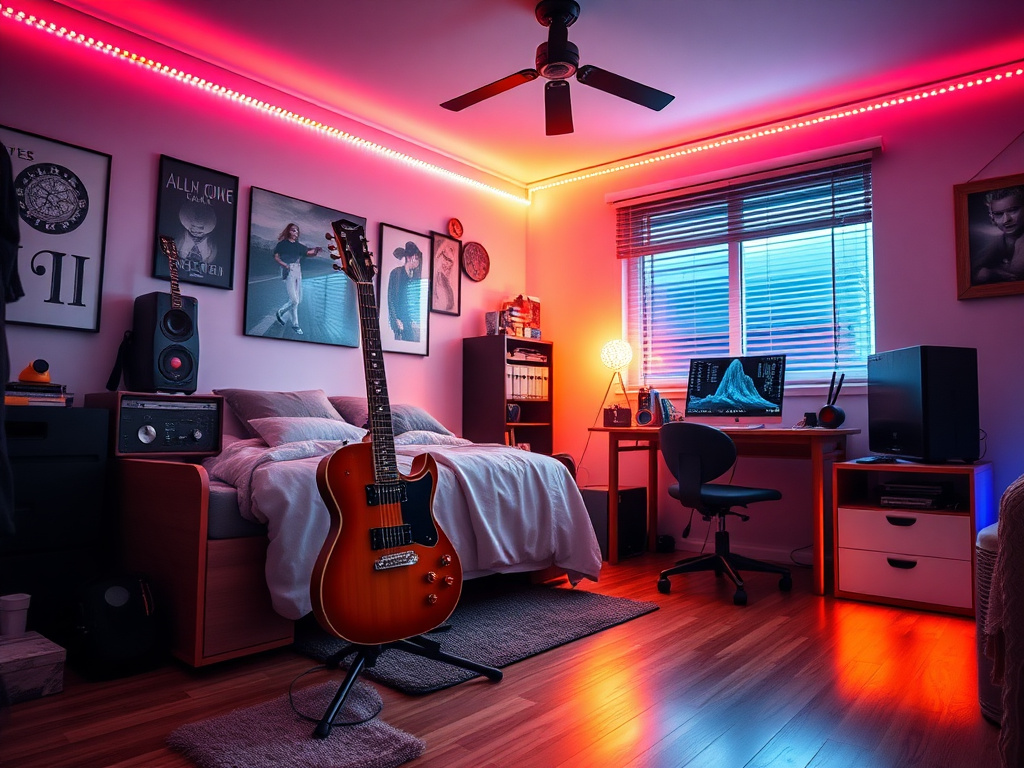 Chambre d'adolescent avec guitare électrique et éclairage LED coloré