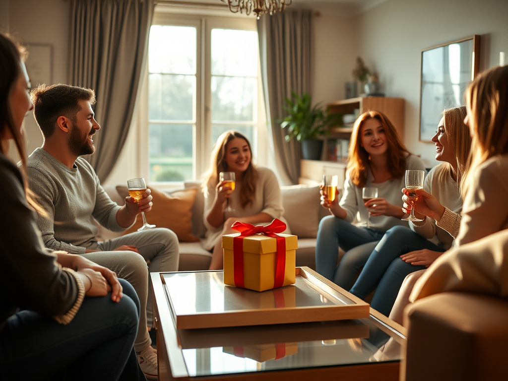 Ambiance chaleureuse de crémaillère avec un cadeau original sur la table basse