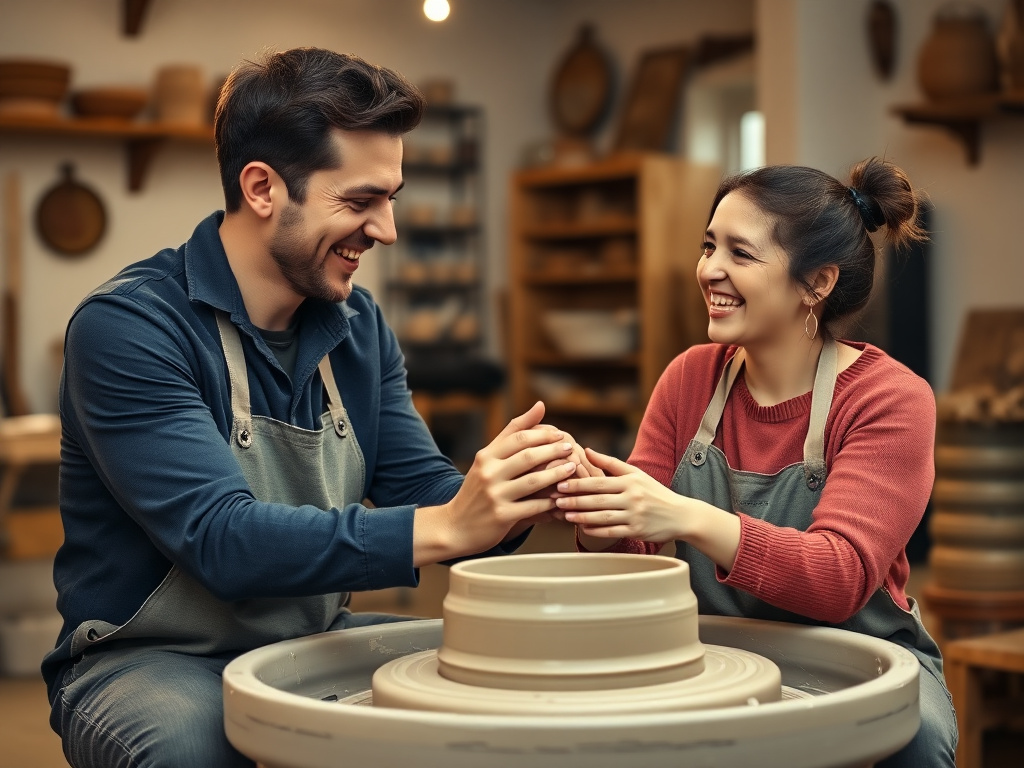 A photorealistic 16:9 image of a couple laughing while shaping clay on a pottery wheel, warm studio lighting, cozy workshop atmosphere, 8k resolution