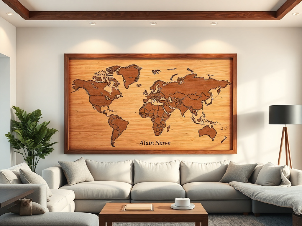 A photorealistic 16:9 image of a scratch-off world map in a wooden frame, with a couple's name engraved, soft living room lighting, 8k resolution