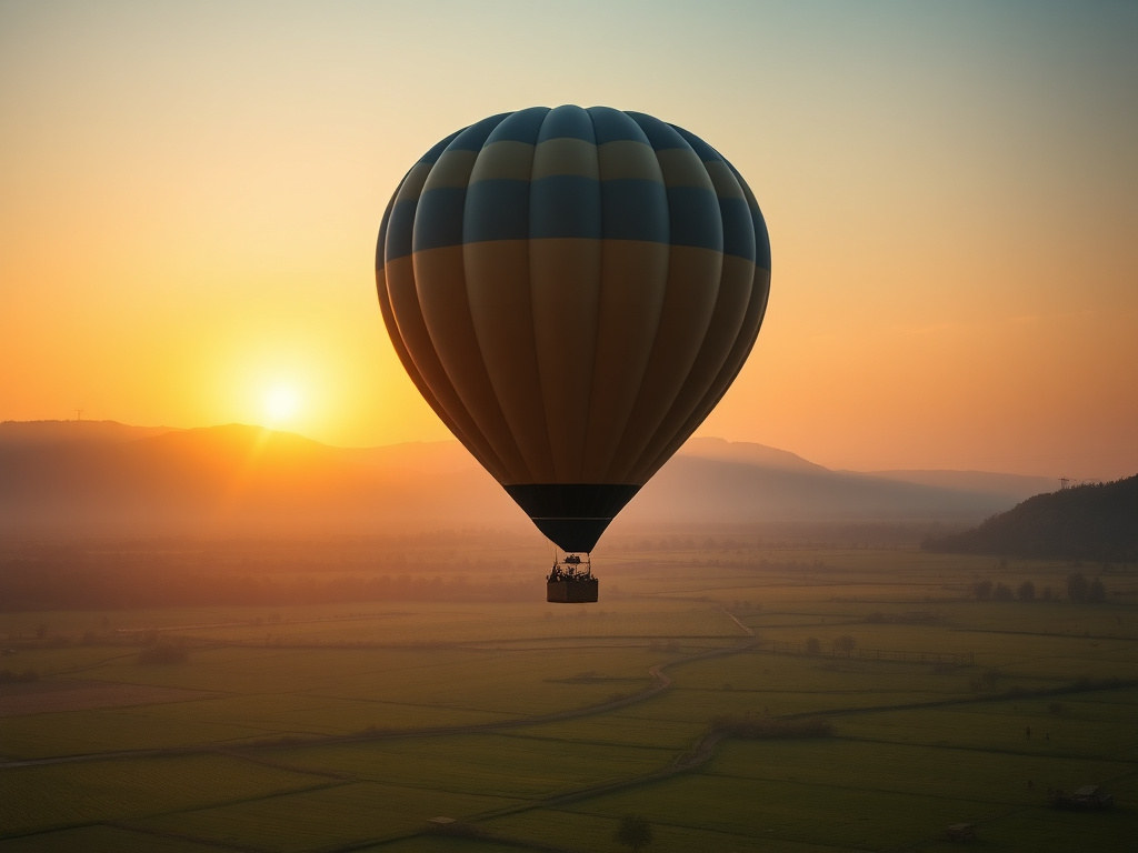 A photorealistic 16:9 image of a hot air balloon flying over a green valley at sunrise, warm colors, cinematic composition, 8k resolution