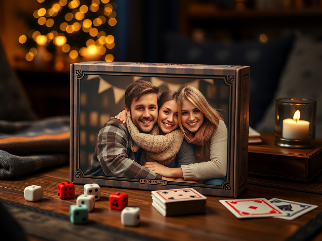 A photorealistic 16:9 image of a custom board game box with a couple's photo on the cover, next to dice and cards, cozy game night lighting, 8k resolution