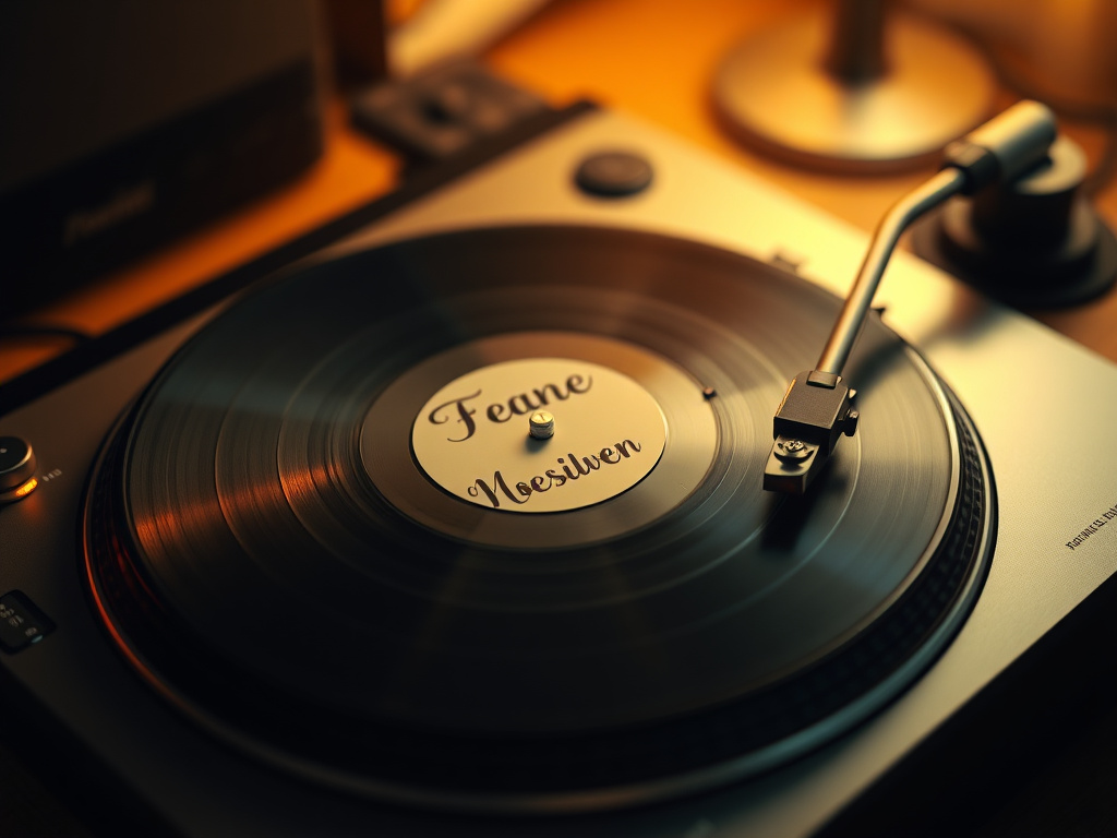 A photorealistic 16:9 image of a turntable playing a customized vinyl record with a couple's names on the label, warm ambient light, 8k resolution