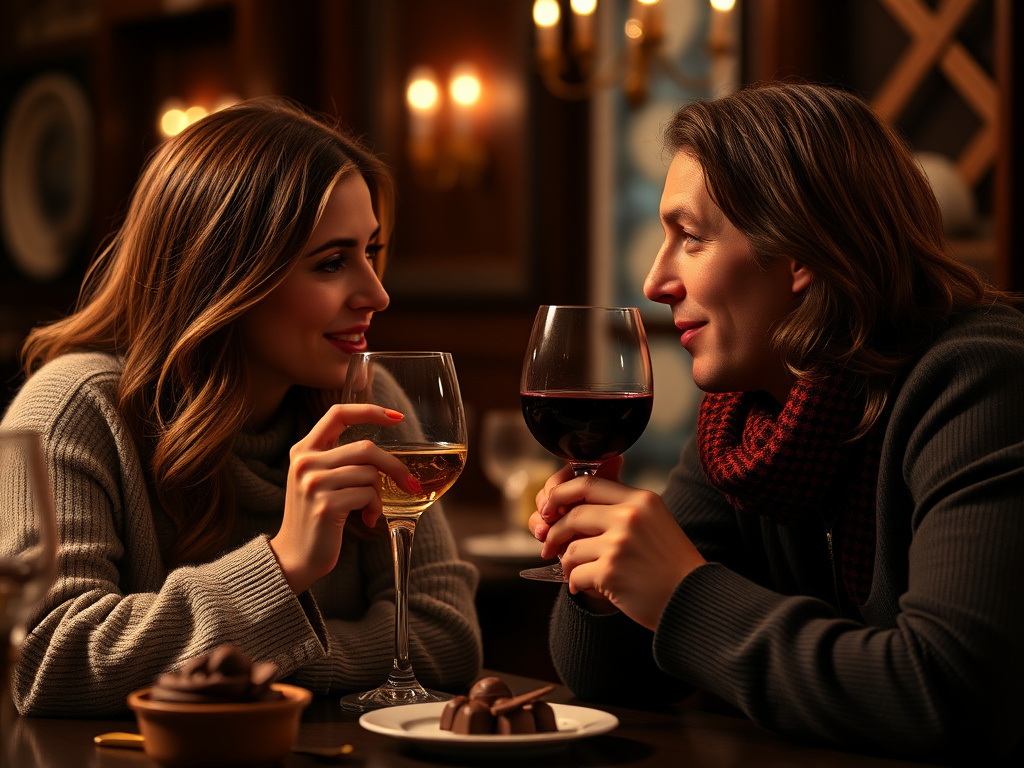 A photorealistic 16:9 image of a couple tasting artisan chocolates with a wine glass, dim restaurant lighting, 8k resolution
